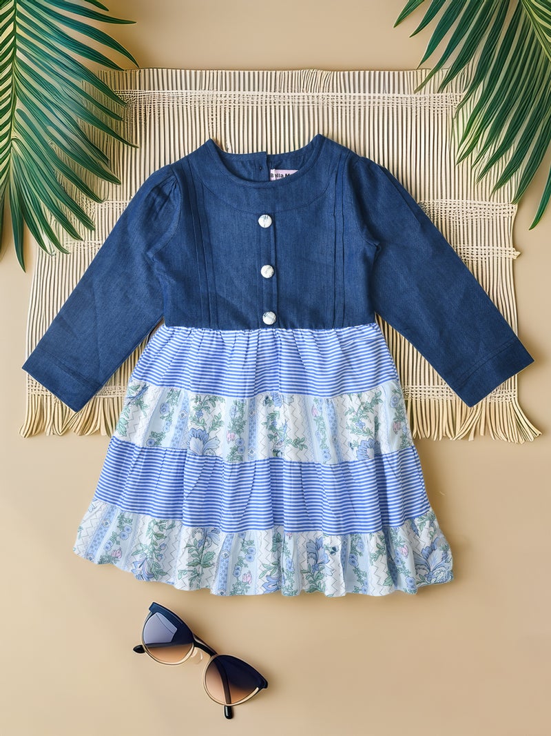 Blue Denim Cut and Sew Dress for Girls